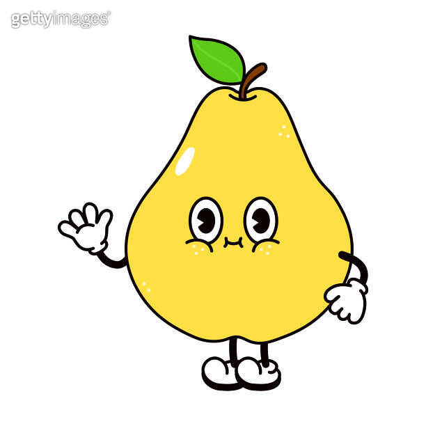 Cute funny pear waving hand character. Vector hand drawn traditional ...