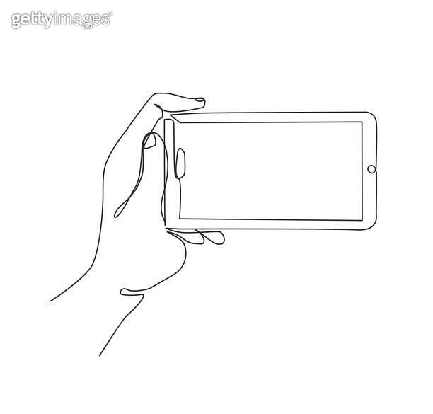 Continuous line art of hand using mobile phone. One line drawing hand