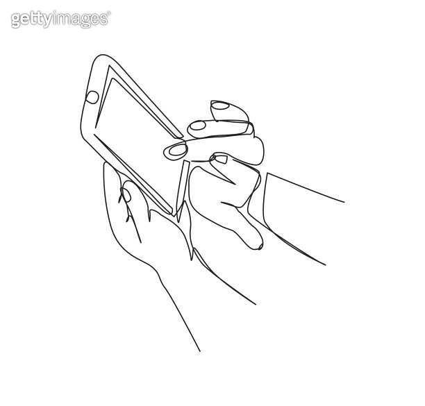 One line drawing hand touch the phone smartphone. Continuous line art