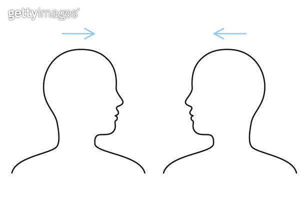 Exercise on stretch muscles of neck, turn head, line sign. Active ...