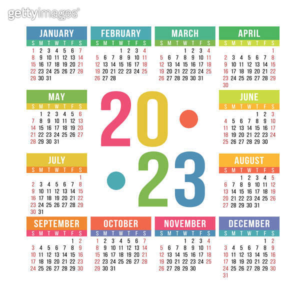 Calendar 2023. Colorful english square calender. January, February ...