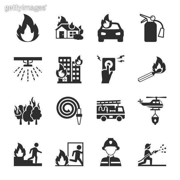 Fire icons set. Precautions and fire fighting. safety and Instructions