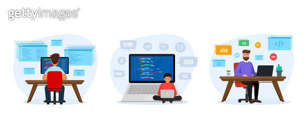Software development concept. Engineer programmer is working at the ...