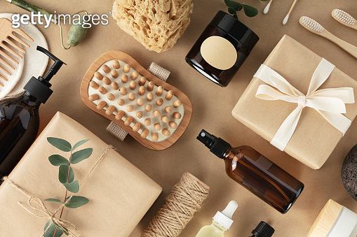 Flat lay composition with eco friendly personal care products on beige ...