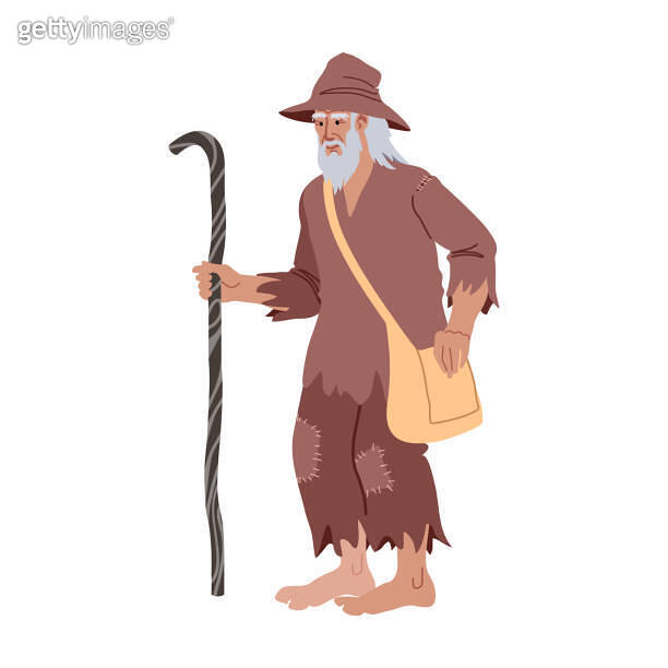 A walking old tramp with a stick and a travel bag. Poor ragamuffin. 이미지