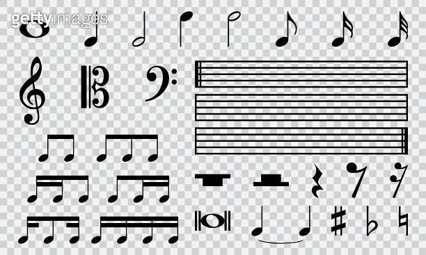Musical notes icon set isolated on transparent background. Music tune ...