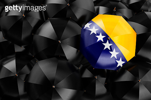 Umbrella with Bosnian flag among black umbrellas, 3D rendering 이미지 ...