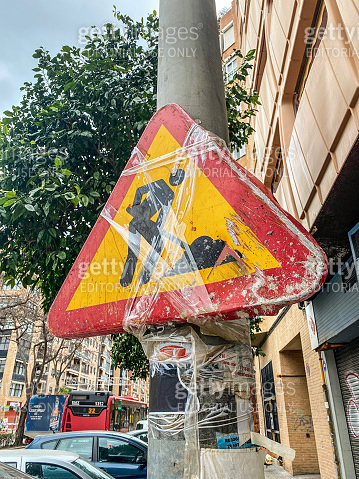 Information sign attached to pole with adhesive tape 이미지 (1392305420 ...