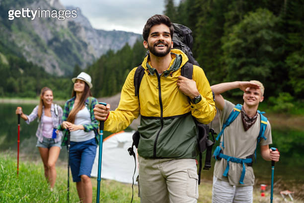 Group of happy friends with backpacks hiking together 이미지 (1392706276 ...