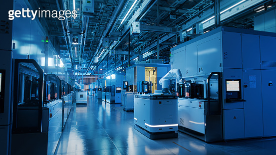 Wide Shot Inside Advanced Semiconductor Production Fab Cleanroom ...