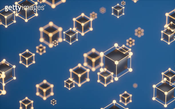 Abstract cubes and glowing particles with blue background, 3d rendering ...