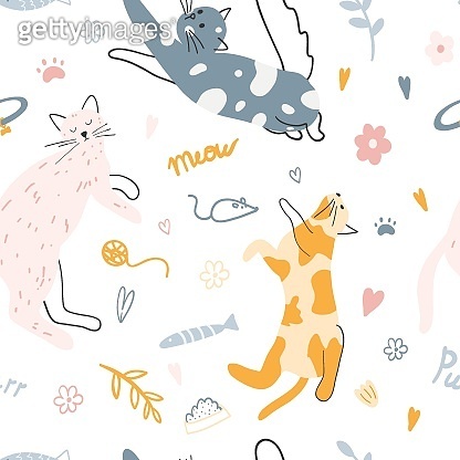 Seamless pattern with cute colorful cats. Hand drawn vector ...