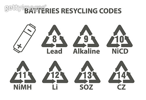 Batteries recycling codes set. Vector icon set (1370338373) - 게티이미지뱅크