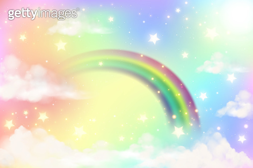 Rainbow background with clouds and stars on sky. Fantasy pastel color ...