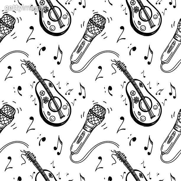 A seamless pattern of musical symbols, guitar, ukulele, notes ...