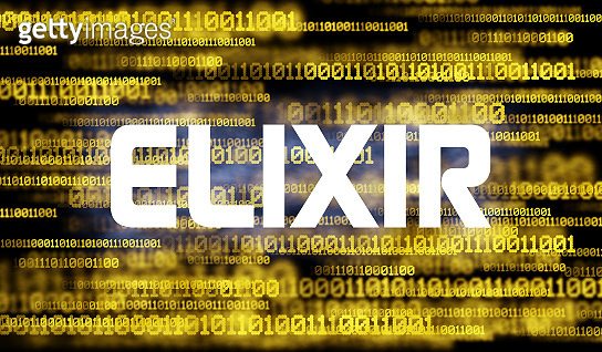 Word Elixir and abstract cyberspace with binary code on dark background ...