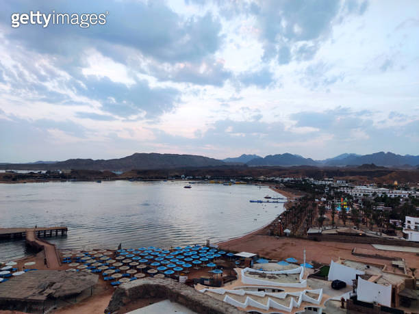 Sharm Bank Panorama of a view of beaches and the old city from height. Egypt. the ...