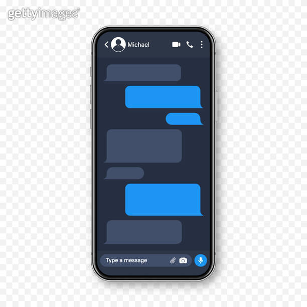 Realistic smartphone with messaging app. Blank SMS text frame ...