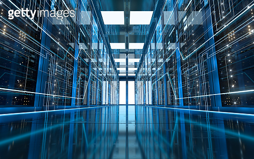 Server racks in computer network security server room data center, 3d ...