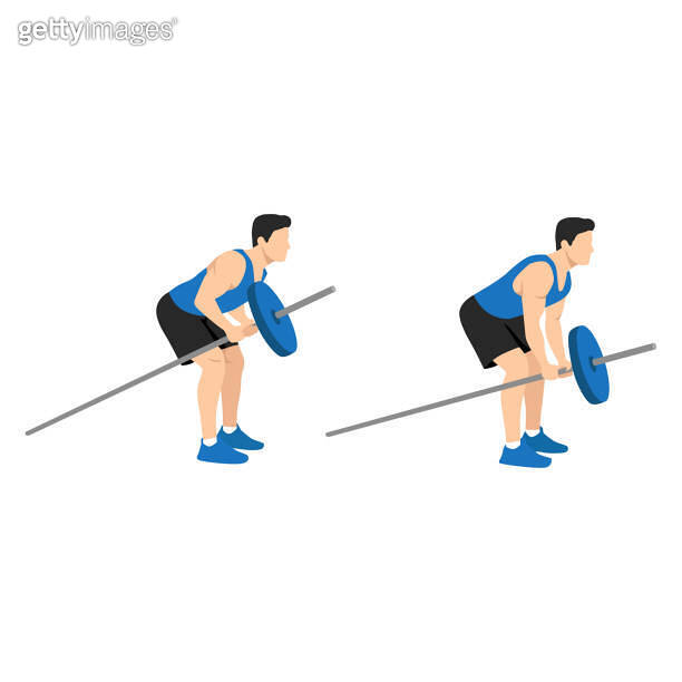 Man doing One arm barbell rows exercise. Flat vector illustration
