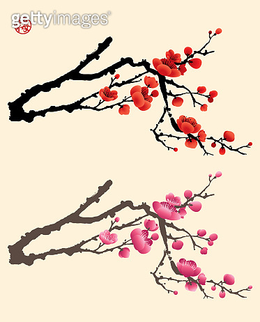 Plum blossom drawing presented in Chinese ink painting style. 이미지 ...