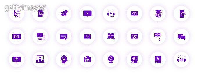 e learning purple color silhouette icons on light round buttons with ...