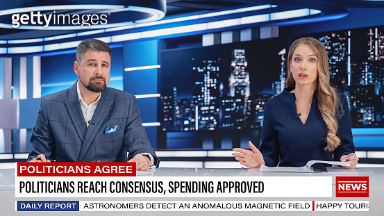 TV Live News Program: Two Presenters Reporting, Discuss Daily Events ...