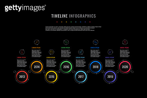 horizontal timeline infographic with round elements, year indication ...
