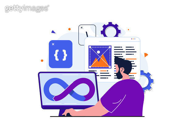 Programmer working modern flat concept for web banner design. developer ...