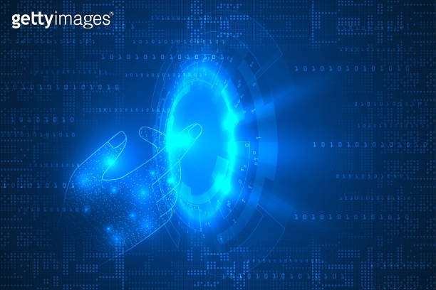 digital hand touch top security on binary code technology abstract ...