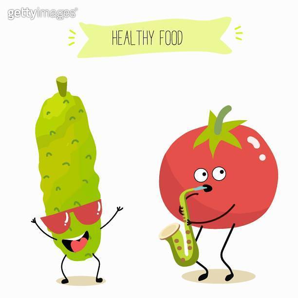 Vector illustration of funny cartoon character tomato and cucumber have