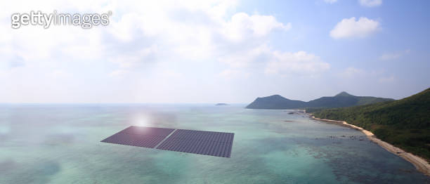 Solar photovoltaic station in the dam Floating solar panel raft aerial ...