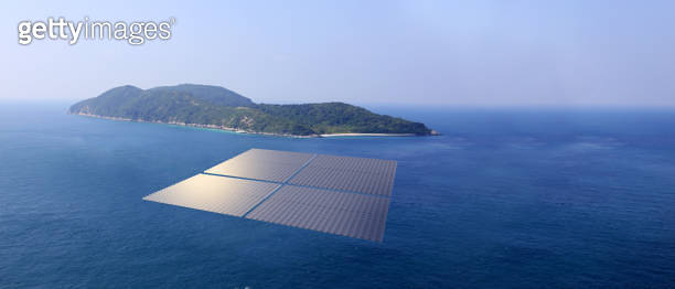 Solar photovoltaic station in the dam Floating solar panel raft aerial ...