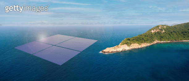 Solar photovoltaic station in the dam Floating solar panel raft aerial ...