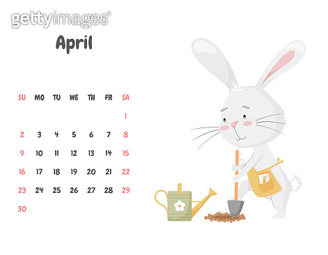 Calendar page for the month of April 2023 with a cute rabbit, digging ...