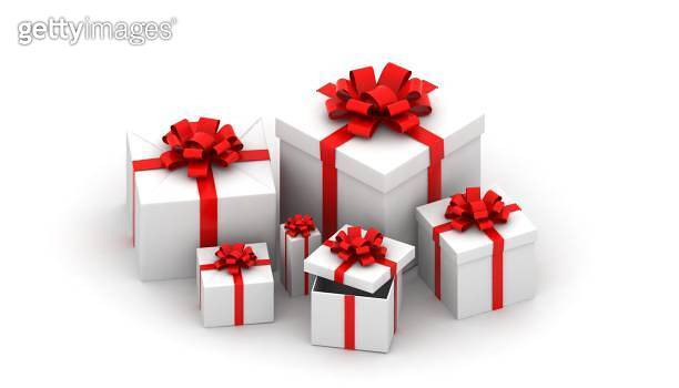 3d realistic set of colorful gift boxes with bows and ribbons. 이미지 ...