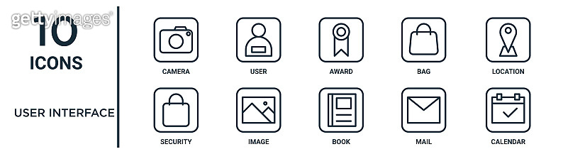user interface outline icon set includes thin line camera, award ...
