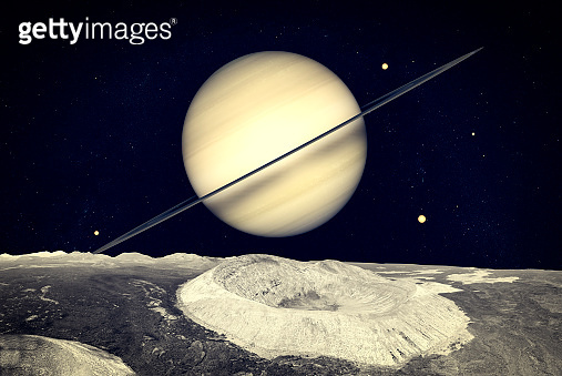 Saturn Fragmented Rocks View of Saturn from one of its moons, craters and rock conformations ...