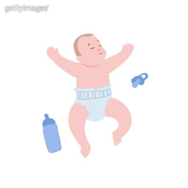Baby sleeps with baby accessories. Infant in a diaper lies resting. 이미지