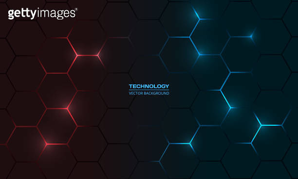 Dark red and blue hexagon abstract technology background with blue and ...