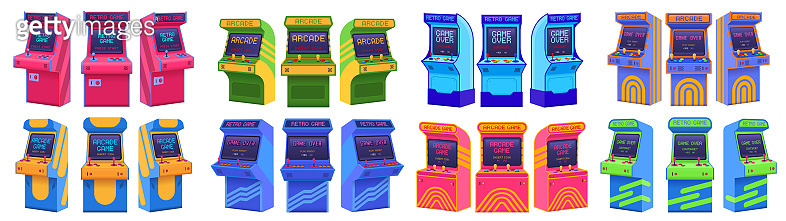 Arcade machines. Retro gaming cabinet, old game machine from different ...