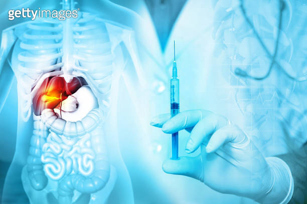 Liver disease treatment concept. Liver illness therapy, liver injection ...
