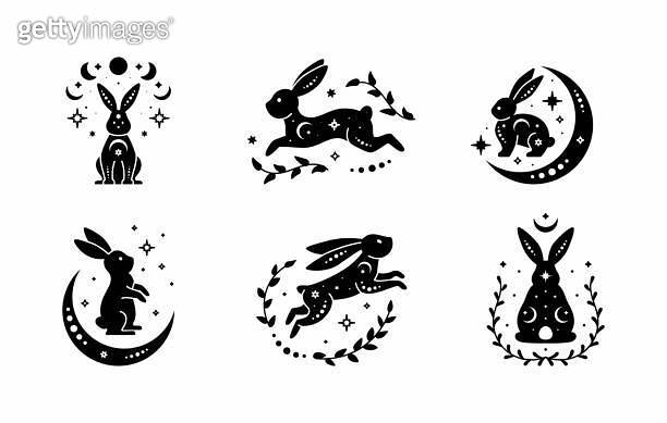 Black Rabbit Symbol Set of celestial animal silhouettes of rabbit. Magic bunnies. Black ...