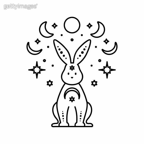 Celestial animal sitting rabbit with moons and stars. Magic bunny ...