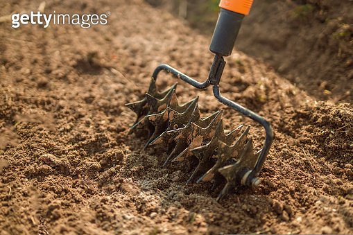 Earth Rake Close up of an new metal garden rake cleaning earth at spring time ...