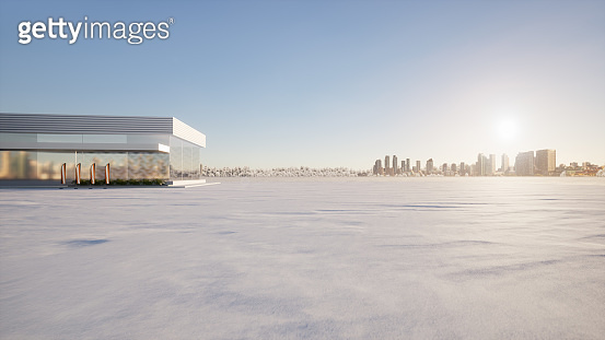 3d rendering of snow cover on ground floor with showroom for background ...
