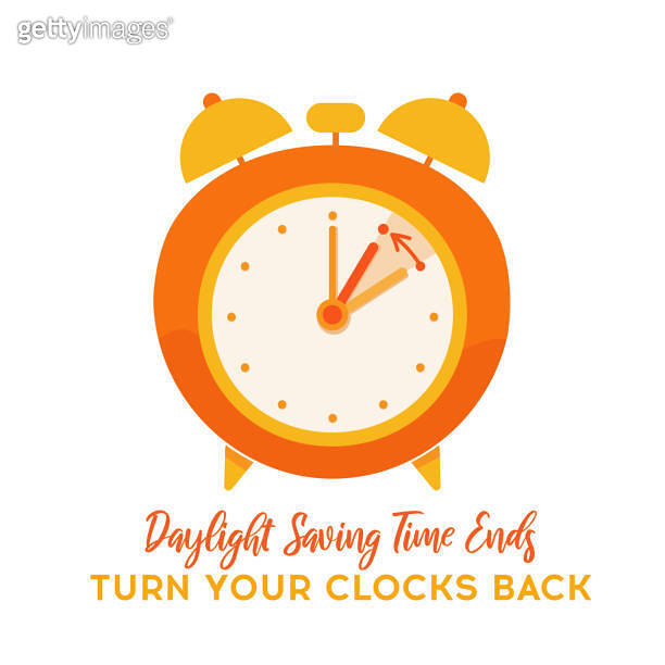 Daylight saving time. Clock change. Fall back time banner with alarm