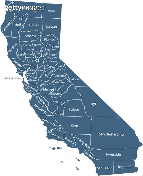 California county map with names 이미지 (1373165235) - 게티이미지뱅크