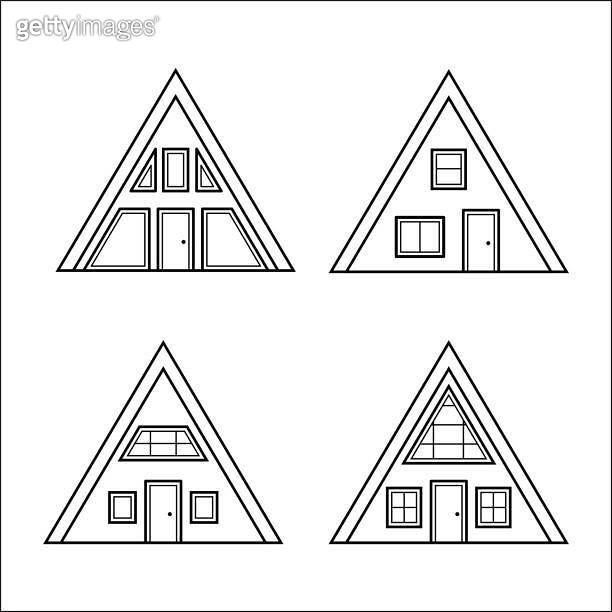 Set of A-frame houses. Collection of triangular-shaped buildings with ...