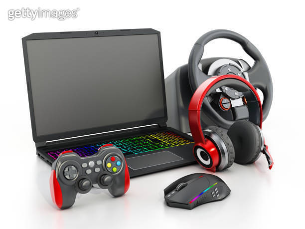 Laptop computer, gaming accessories and peripherals isolated on white ...